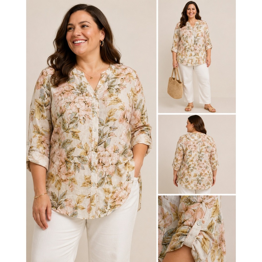 Nicole Miller New York 100% Linen Floral Tunic Blouse Roll Tab Button Front 1X‎